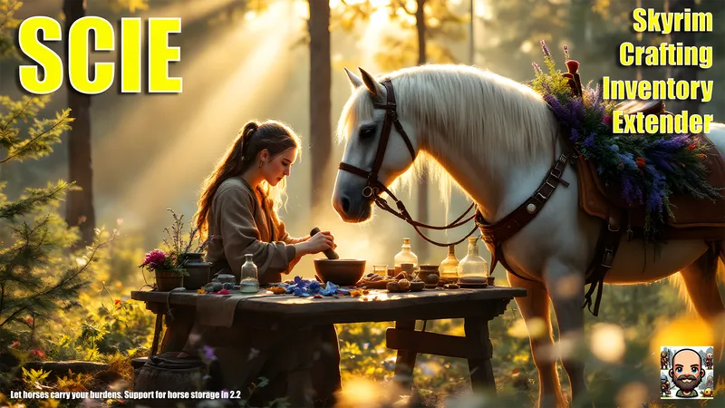 A woman doing alchemy next to a horse carrying ingredients