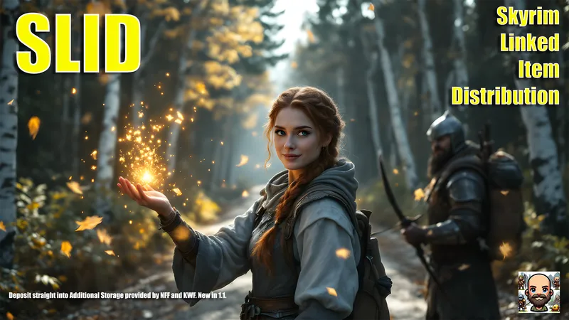 A mage distributing items to a follower on a forest path