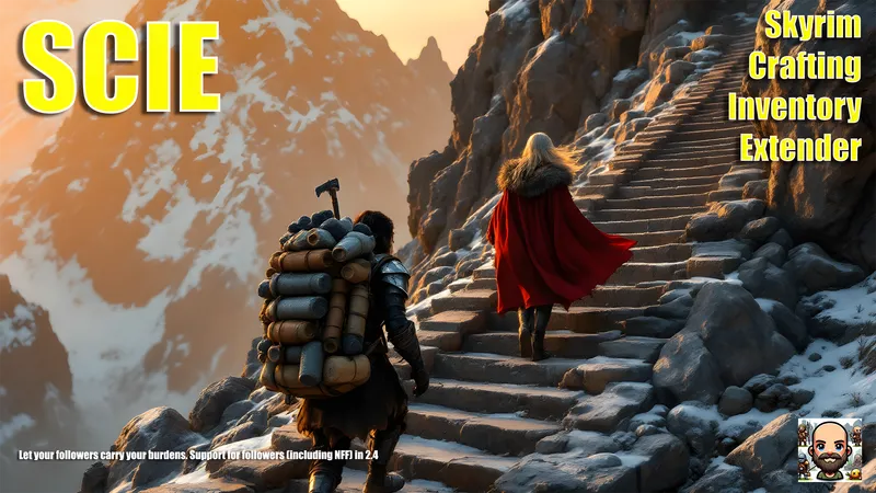 An overloaded follower climbing stairs behind a light-footed adventurer