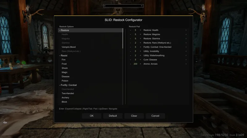 SLID Restock Configurator showing potion categories with quantities and the Restock Pad