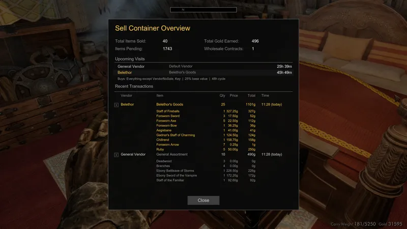 Sell Container Overview showing transaction history